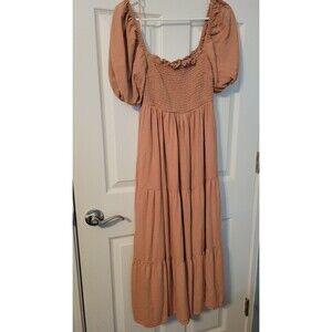 Abercrombie & Fitch Emerson Linen Blend Puff Sleeve Midi Dress Rust M Pockets
